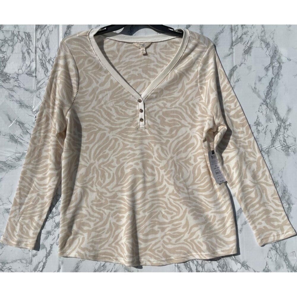 Terra & Sky Womens Plus Size 1X Beige & White Zebra Print Waffle Knit Henley Top